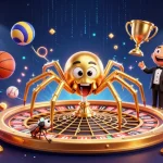 Experience thrilling gameplay with lucky888 as a golden spider spins its roulette wheel web while a fly bets nervously.