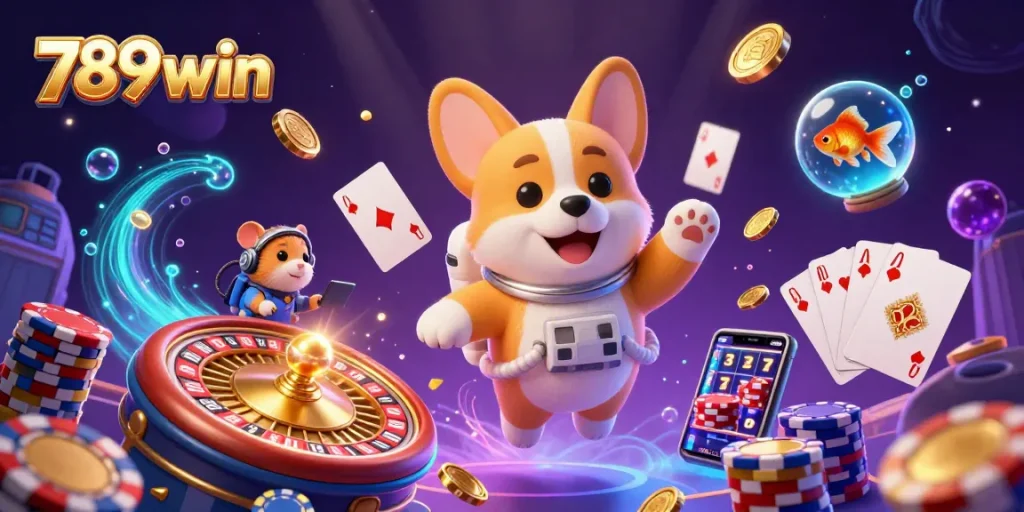 Experience the thrill of 789win with a playful astronaut corgi in a cosmic casino adventure.