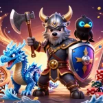 Engage in the thrilling action of uk88 com with a Viking warrior, dragon, and vibrant casino elements.