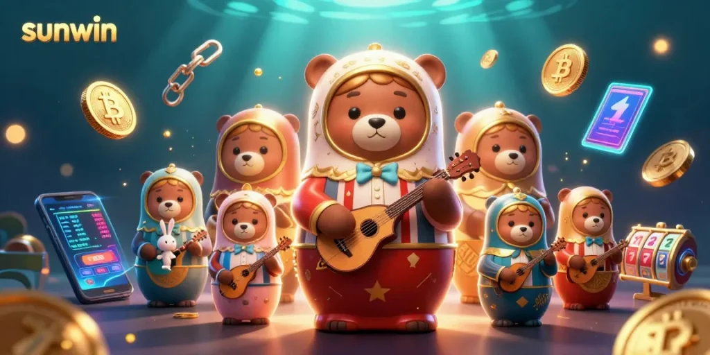 Engage in strategic gameplay with the sunwin experience, showcasing bears and crypto elements in a vibrant 3D scene.