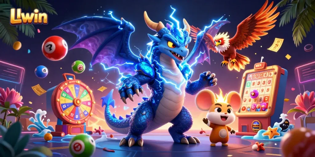 Experience thrilling gameplay with Llwin's vibrant casino elements and dynamic lottery scene.