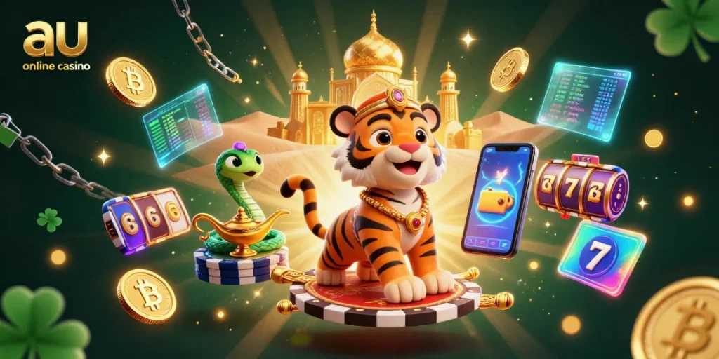 Experience excitement at au online casino with a vibrant display of 3D casino elements and characters.