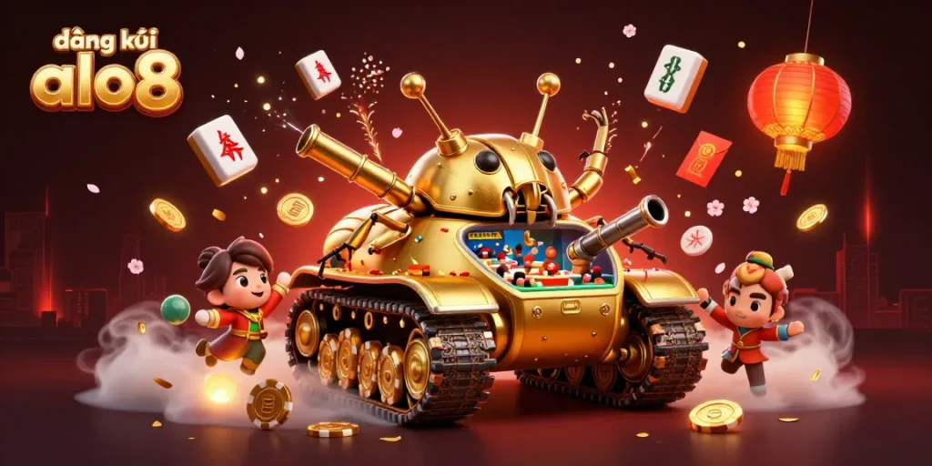 Experience the exciting action at đăng ký alo8, featuring a golden beetle tank with a miniature casino.