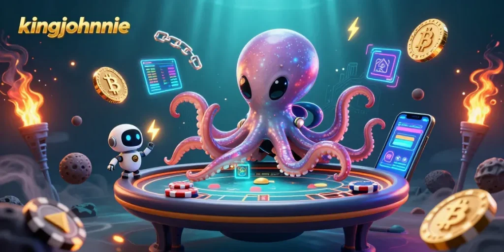 Engage with kingjohnnie's dynamic alien-themed casino experience featuring immersive 3D illustration.