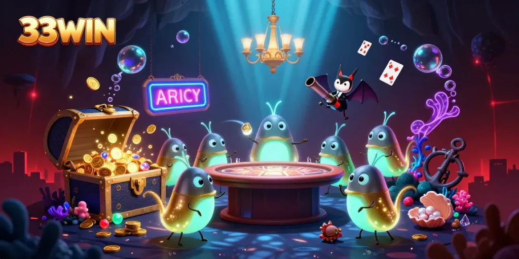 Experience excitement with 33WIN in a vibrant cave casino illuminated by glowworms and playful elements.