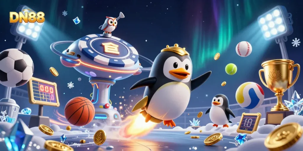 Experience thrilling cash wins at DN88 casino with a golden penguin racing toward excitement.