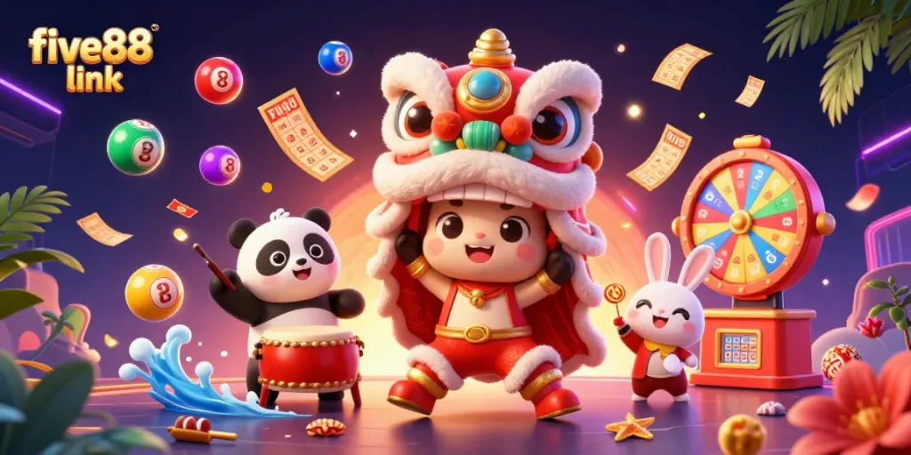 Engage with the vibrant action of five88 link featuring lively characters, colorful lottery elements, and festive decorations in a casino illustration.