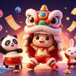 Engage with the vibrant action of five88 link featuring lively characters, colorful lottery elements, and festive decorations in a casino illustration.