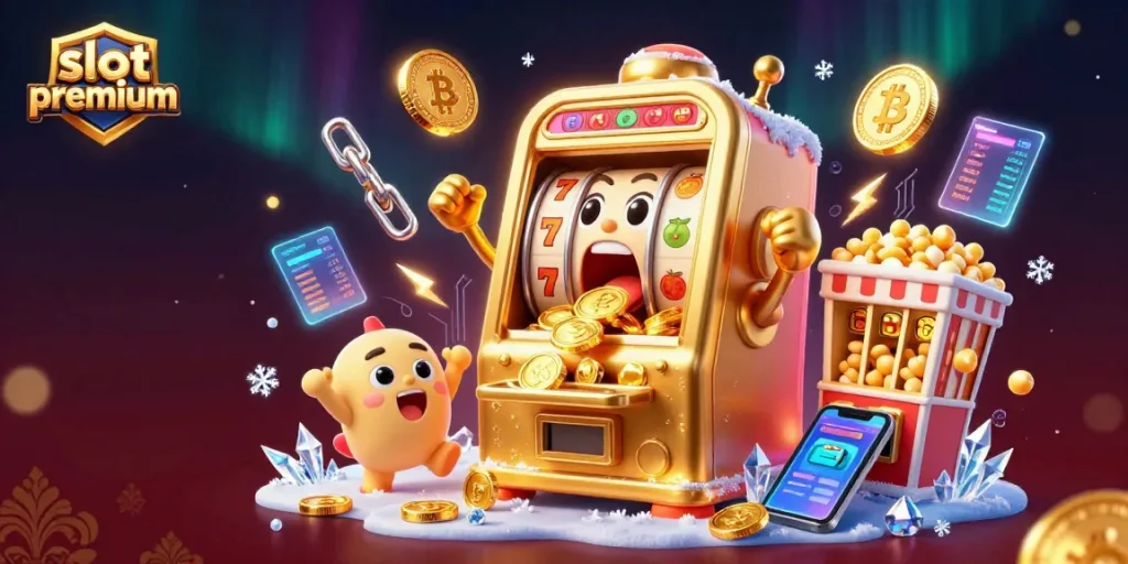 Engage with slot premium excitement as a golden slot machine wins big in a vibrant casino scene.