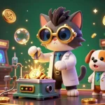 Spin to win at Llwin with a mad scientist cat creating gold coins amid exciting gaming elements.