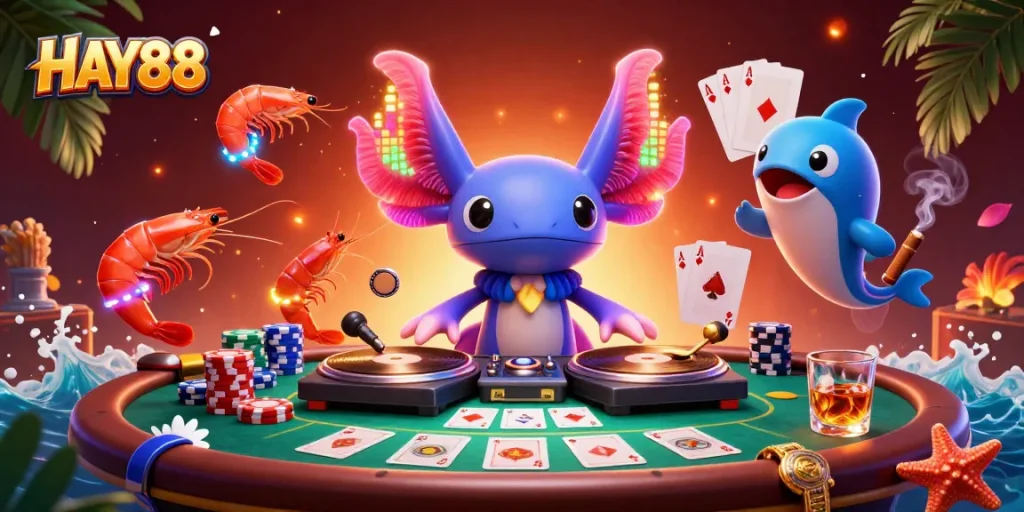 Engage in thrilling gameplay at HAY88 with vibrant casino elements featuring a dynamic axolotl DJ.