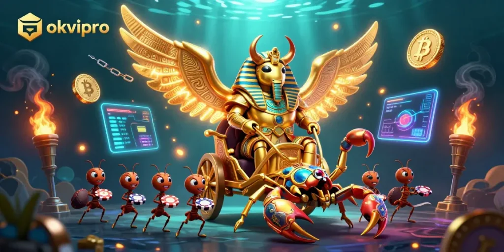 Engage with okvipro's thrilling casino adventure featuring a grand golden scarab.