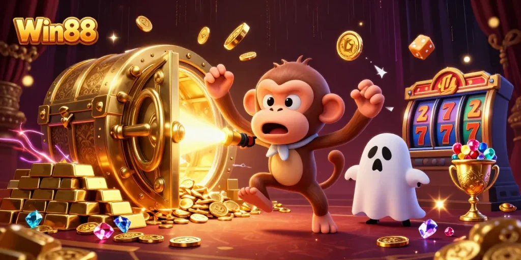Experience thrilling Wins with Win88 in a haunted casino scene filled with gold and excitement.
