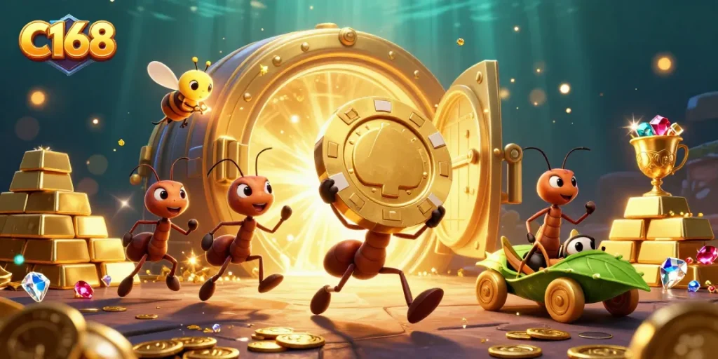 C168 ants carry a giant poker chip in a vibrant underground heist, surrounded by treasures.