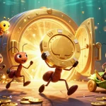 C168 ants carry a giant poker chip in a vibrant underground heist, surrounded by treasures.
