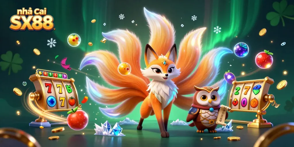 Winning big at nhà cái SX88 with a colorful 3D illustration of a nine-tailed fox and casino elements.