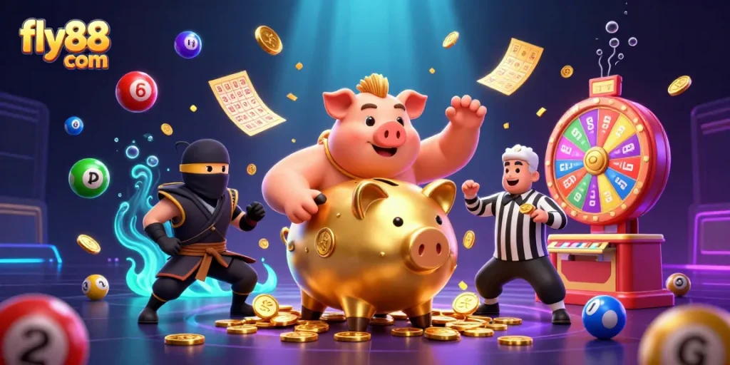 Experience the thrill of fly88 com with vibrant lottery elements in an engaging 3D casino scene.