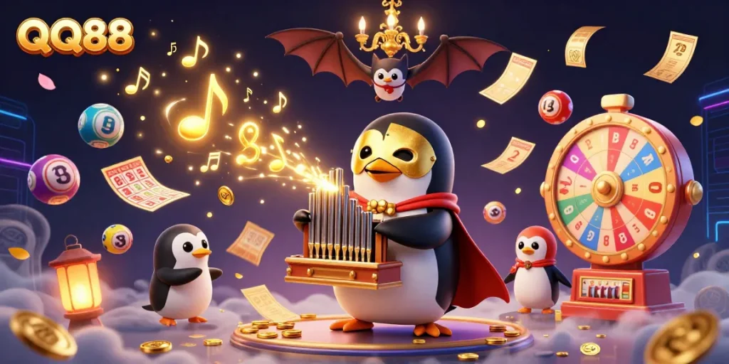 Engage with QQ88 featuring a lively penguin playing a golden organ in a vibrant lottery scene.