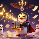 Engage with QQ88 featuring a lively penguin playing a golden organ in a vibrant lottery scene.